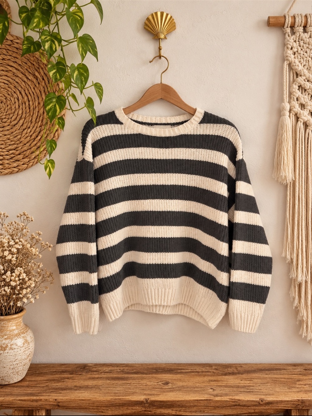 Chic Happens Striped Crewneck Sweater in Black and Cream Cozy Fall